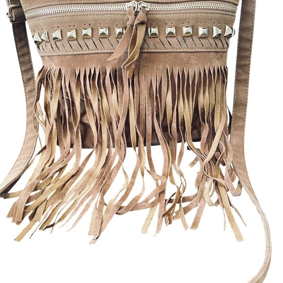 Boho Western Fringe Crossbody Bag Brown Faux Suede Studded Festival Y2K Vintage - Picture 5 of 9